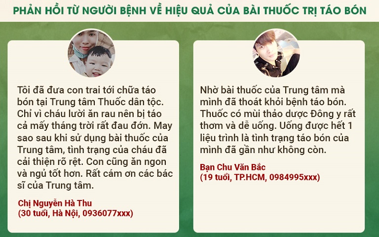 Nhận xét của người bệnh khi điều trị táo bón tại Thuốc dân tộc