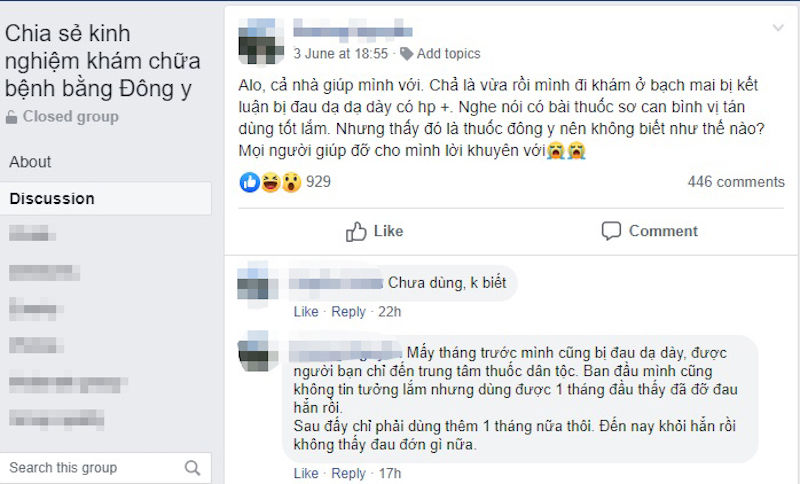 Người bệnh chia sẻ về bài thuốc chữa đau dạ dày trên các hội nhóm của facebook